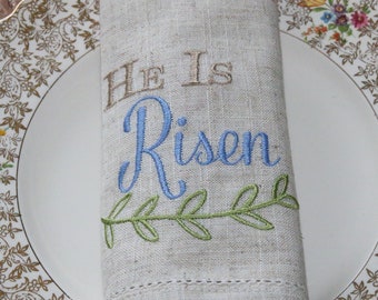 Set of Embroidered Easter Napkins, HE IS RISEN, holiday cloth napkins, Religious, Matthew 28:6, Christian, Rustic Linen, Easter Host Gift