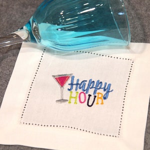 Embroidered Linen Cocktail Napkins, Linen  Cloth Happy Hour Napkins, Cocktail Party Napkins, cocktail napkin hostess gift set, drink napkins