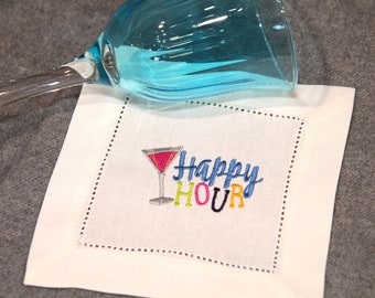 Embroidered Linen Cocktail Napkins, Linen  Cloth Happy Hour Napkins, Cocktail Party Napkins, cocktail napkin hostess gift set, drink napkins