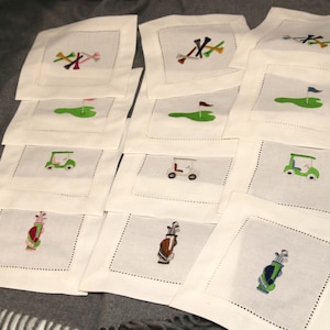 Elegant Linen Cocktail Napkin Set with Embroidered Golf Design for Bar Cart Decor, Perfect Beverage Coasters Gift