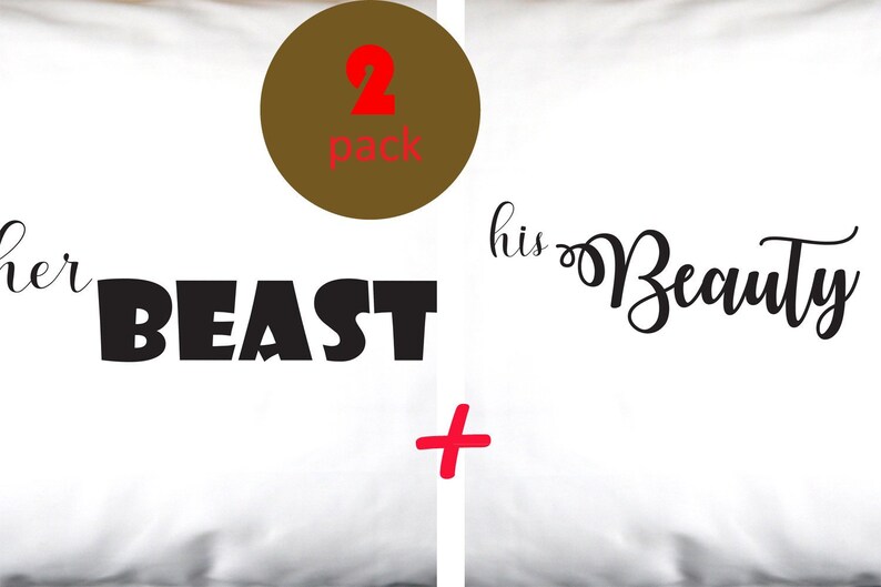 Valentine/'s BEAUTY and BEAST black writing Set of Couples Pillow Cases anniversary couple boyfriend girlfriend white romantic gift