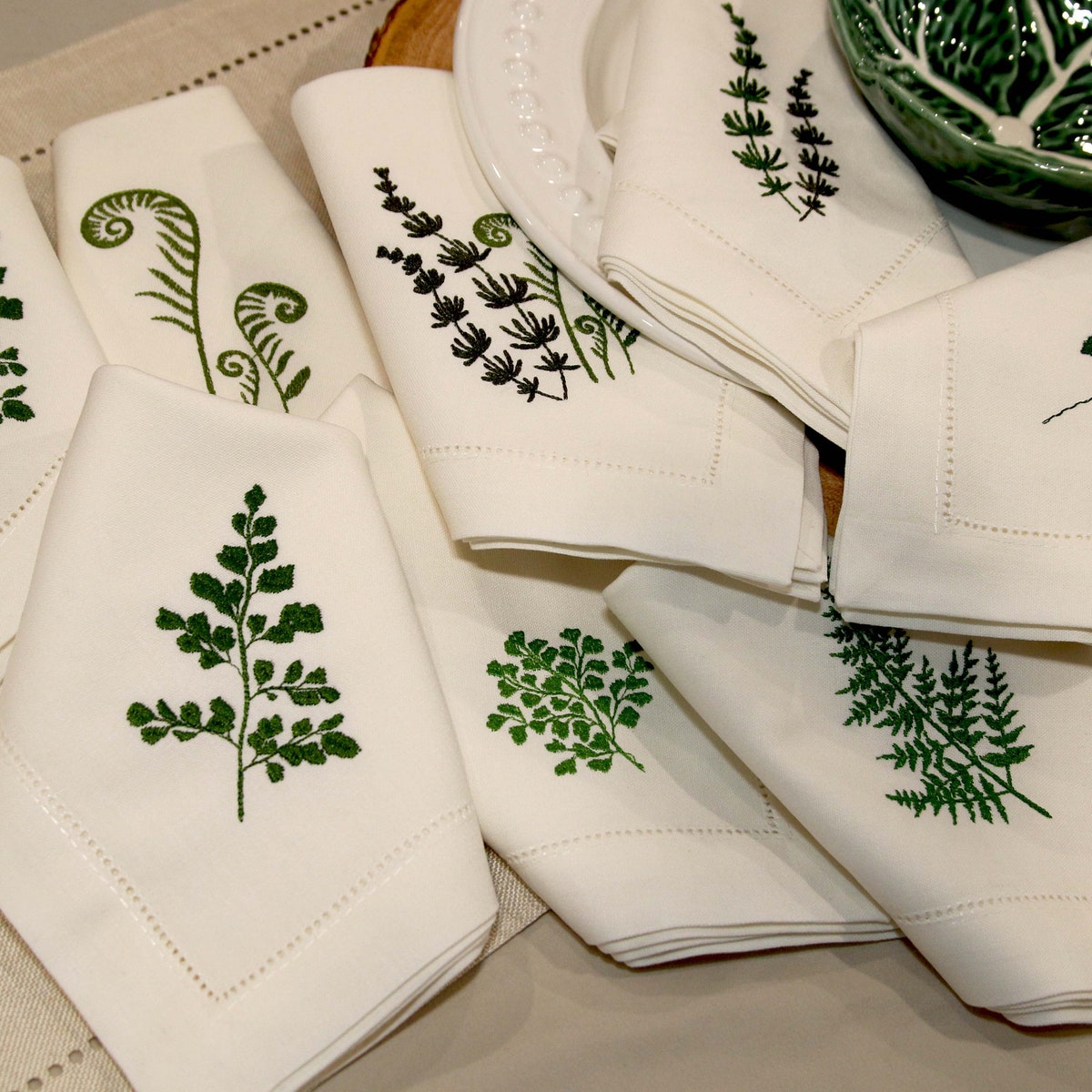 Embroidered Fern White Linen Napkins