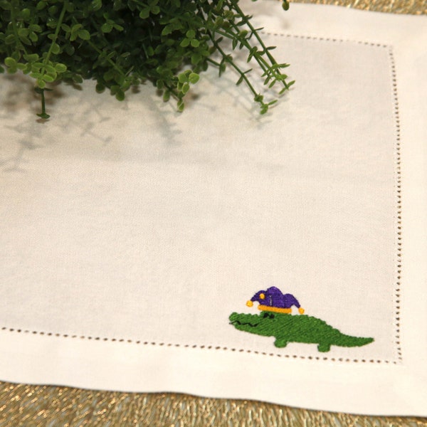 Mardi Gras Appetizer Napkins, Small 10" Cotton Cloth, Alligator embroidery, Reusable Appie Luncheon Cocktail Tea Fat Tuesday Party Napkins