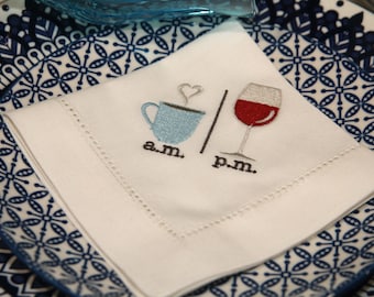 AM PM embroidered linen napkins, cocktail napkin, fun party napkins, beverage napkins, white linen napkins, reusable napkins