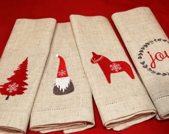 Scandinavian Christmas Napkins, Your Choice of Embroidery - 4 classically Nordic designs, Rustic table decor, dinner