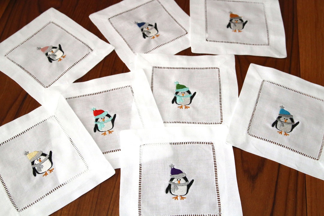 Embroidered Christmas Cocktail Napkins, Linen Cloth Penguin Napkins