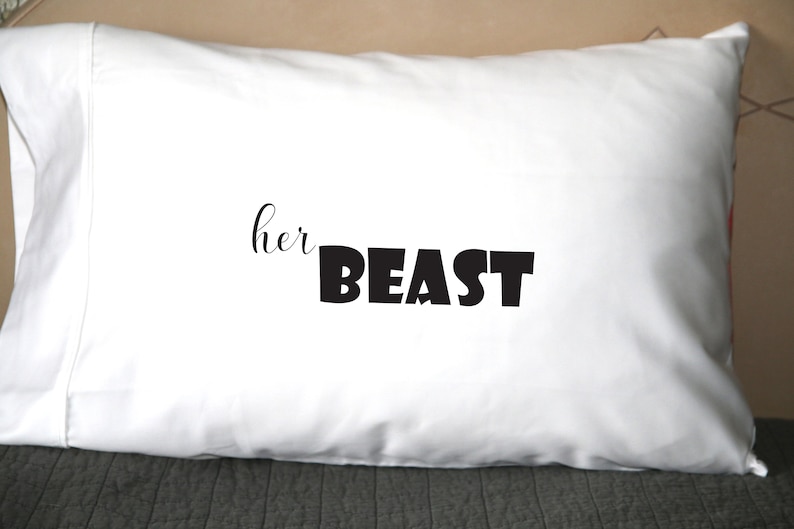 Valentine/'s BEAUTY and BEAST black writing Set of Couples Pillow Cases anniversary couple boyfriend girlfriend white romantic gift