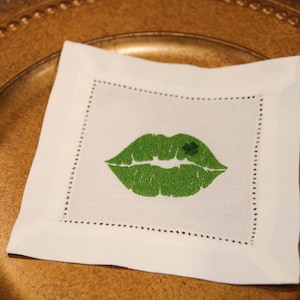 Shamrock Lips Cocktail Napkins, bar cart decor, embroidered napkin set, linen cocktail napkins, gift set, drink coaster, gift for man