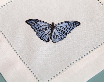 Embroidered Butterfly Cocktail Napkins, nature embroidery, Reusable napkins with hemstitch, Bar cart decor, Bridesmaid gifts