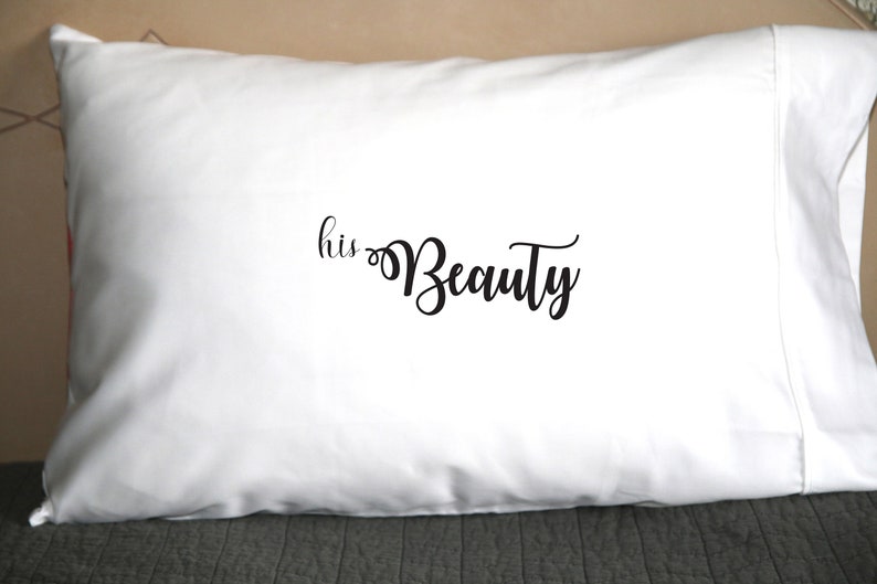 Valentine/'s BEAUTY and BEAST black writing Set of Couples Pillow Cases anniversary couple boyfriend girlfriend white romantic gift
