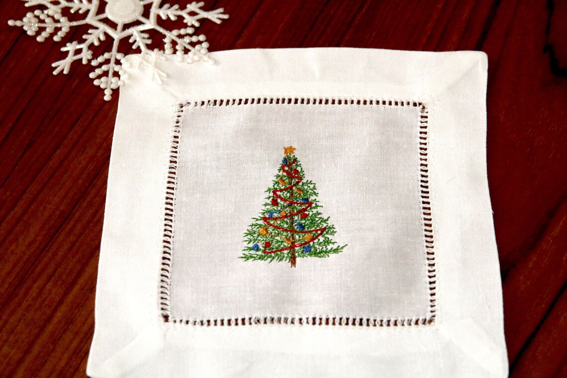 Embroidered Christmas Cocktail Napkins Linen Cloth Christmas Etsy