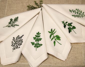 Servilletas reutilizables bordadas con hierbas botánicas para cenas y regalos