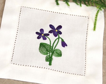 Botanical Embroidery Violet Cocktail Napkins, Linen  Floral Cloth Napkins, Bar cart decor, Beverage Cocktail Party Napkin, gift set