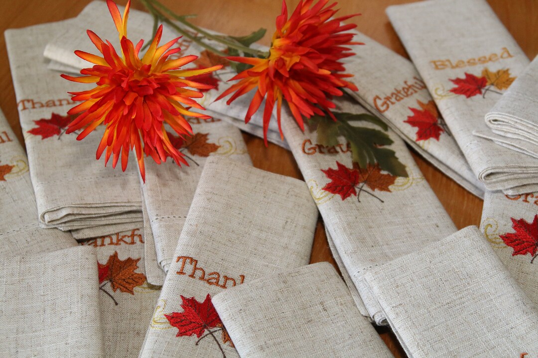 Embroidered Maple Leaf Napkins, Embroidered Napkin Set, Thanksgiving