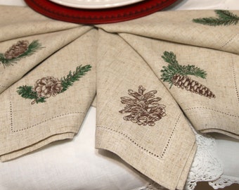 Pine Branch Dinner Napkins, Embroidered Napkin Set, Reusable Napkins, Nature Embroidery, Christmas Cloth Napkins, Custom Napkin
