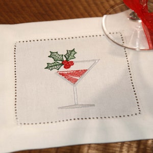 Embroidered Christmas Cocktail Napkins, Linen  Cloth Christmas Cocktail Napkins, Cocktail Party Napkins, cocktail hostess gift set, festive