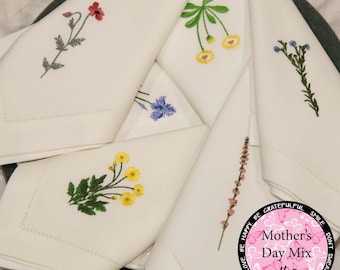 Servilletas de flores silvestres mixtas, bordado de flores silvestres, bordado de naturaleza, bordado botánico, juego de regalo, regalo perfecto