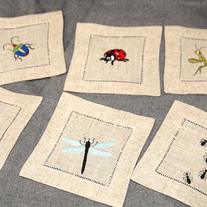 Embroidered Bug Cocktail Napkins, nature embroidery, Reusable napkins with hemstitch, Bar cart decor, Groomsman gifts