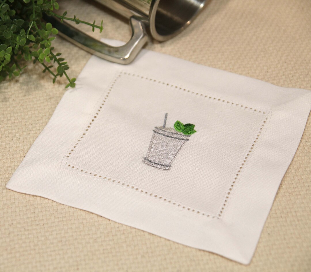 Mint Julep Cocktail Napkins, Bar Cart Decor, Embroidered Napkin Set