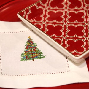 Embroidered Christmas Cocktail Napkins, Linen  Cloth Christmas Tree Napkins, Cocktail Party Napkins, Christmas cocktail napkin hostess gift