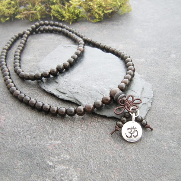108 Mala beads, Om necklace Om Bracelet, Black wooden Ebony beads, Om charm, Intention Prayer beads, Meditation beads 108. Mindfulness