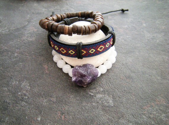 Stacking Ethnic Bracelets, Girlfriend Gift, Amethyst Raw Crystal