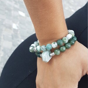 Green Stone, Mala bracelet, mantra bead, Green Gemstone bracelet, Tree Agate bracelet, silver bead, gift for friend, Green agate bracelet