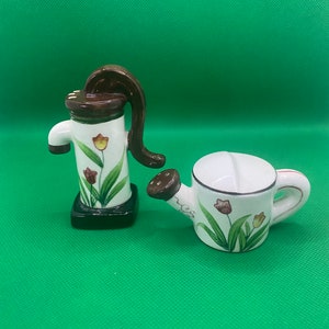 Salt & Pepper Shakers, Porcelain Ceramic Water Can Water Pump, Country Farmhouse, Miniature Table Decor