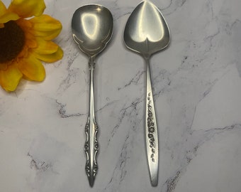 Vintage Silver Spoon Set, International Deep Silver, Floral Flatware, Serving Spoon, Sugar Spoon