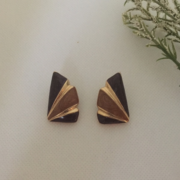 Vintage Enamel Brown and Gold Clip-On Earrings, Mid-Century Jewelry