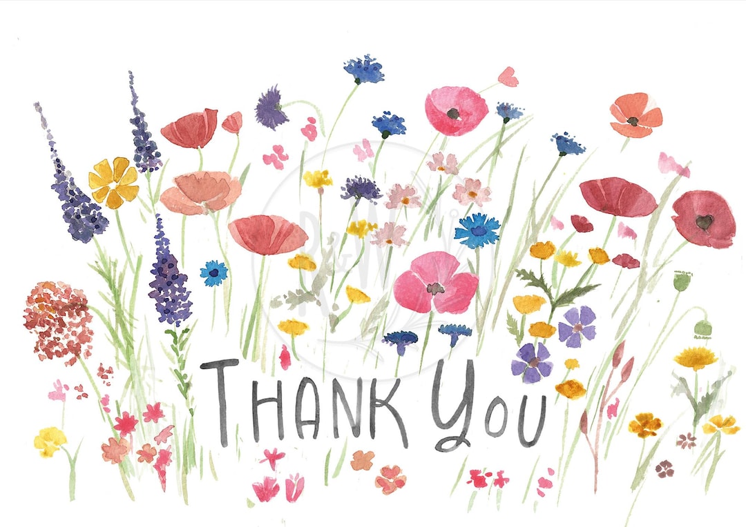 Wildflower Thank You Card - A5 Handpainted Watercolour Digital Card ...