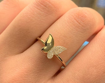 Natural Diamond Butterfly Ring / 14k Yellow Gold Dainty Butterfly Ring Size 7 / Gifts for Her / Birthday Gift