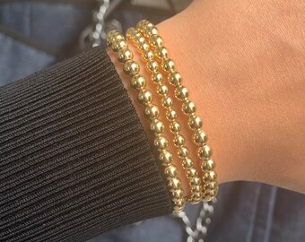 18k Gold 4mm & 5mm Stretch Bead Bracelet / Yellow Gold Beaded Stretch Bracelet by Joelle Collection