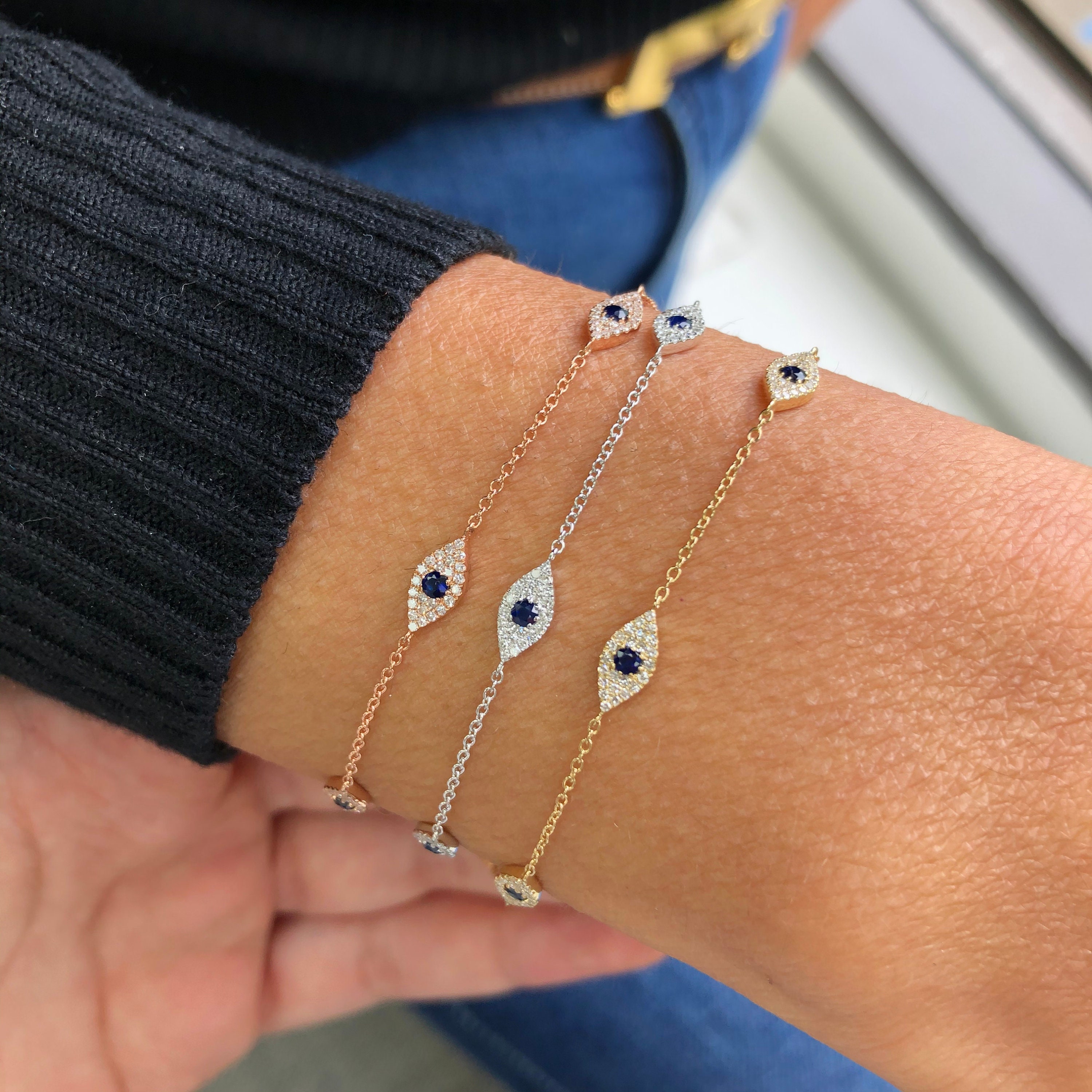 Joelle Evil Eye Diamond Bracelet Blue Sapphire With 14k Gold