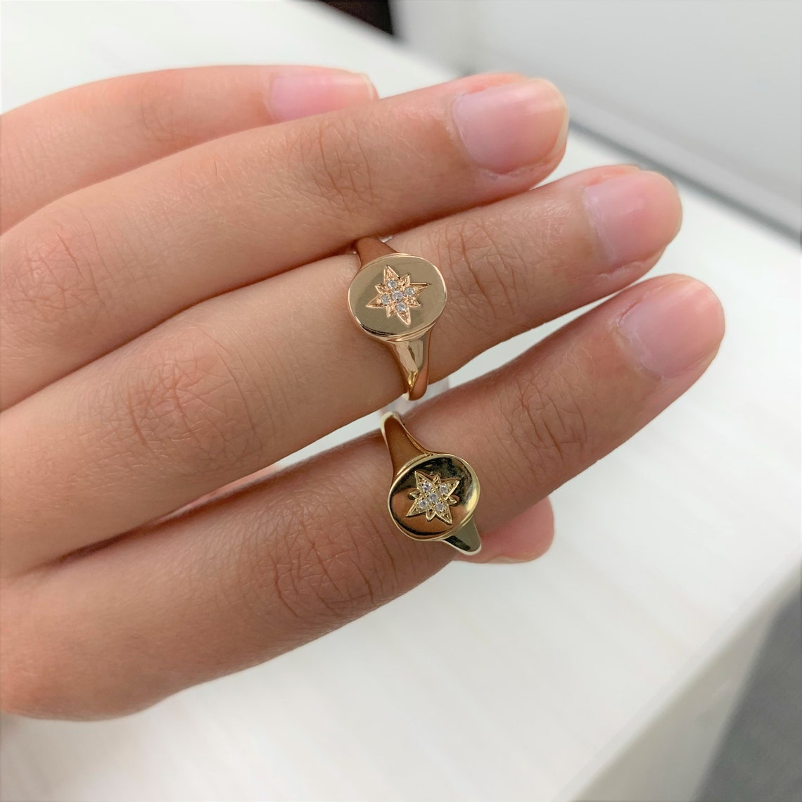 Star Diamond Signet Ring Pinky Ring 14K Gold Size 4 Natural | Etsy