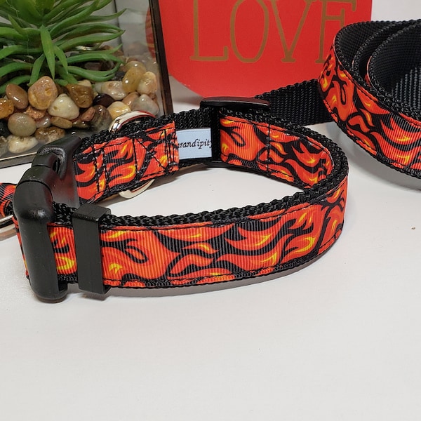 Dog Collar, 1" Dog Collar, Flame Dog Collar, Dog Leash, Flames Dog Collar, Martingale, Half Check Chain, Collar and Leash