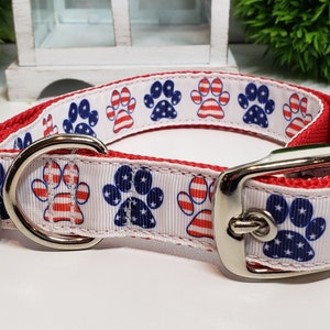 Dog Collar, 4th of July Dog Collar, Paw Prints Key FOB, Metal Buckle Dog Collar, Patriotic Dog Collar, Independence Day Dog Collar
