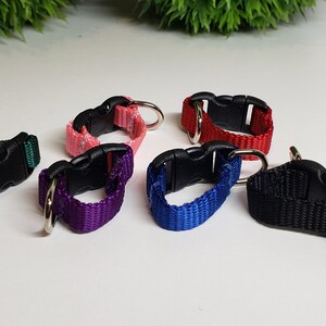 May include: A collection of small, colorful pet collars. The collars are made of woven nylon and feature a black plastic buckle and a metal ring. Colors include green, pink, red, purple, blue, and black.