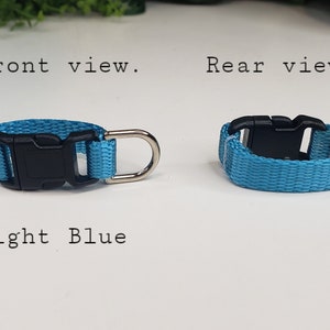 May include: Light blue pet collar with a black plastic buckle and a silver metal D-ring. The image shows front and rear views of the collar. The text "Front view", "Rear view", and "Light Blue" are also visible.