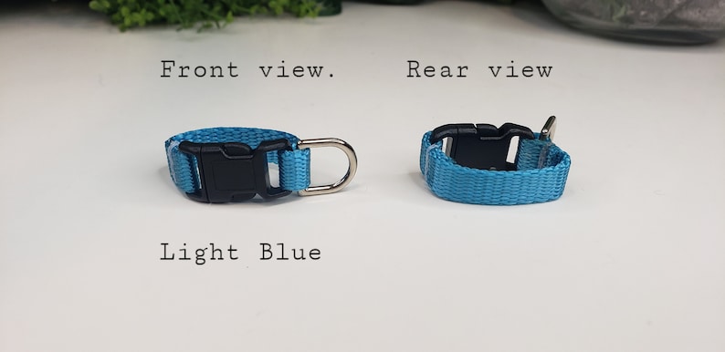 May include: Light blue pet collar with a black plastic buckle and a silver metal D-ring. The image shows front and rear views of the collar. The text "Front view", "Rear view", and "Light Blue" are also visible.
