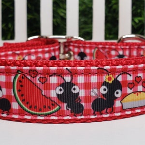 May include: Red and white gingham dog collar with a repeating pattern of cartoon ants, watermelon slices, and pie. The collar has a metal buckle and a red nylon backing.