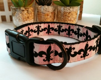 1" Pink Fleur De Lis Dog Collar, Plastic Buckle, Metal Buckle,  Martingale