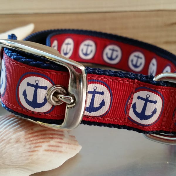 Nautical Dog Collar, Anchors Dog Collar,  1 inch wide Dog Collar, Big Dog Collar, Cute Dog Collar, Boating Dog Collar