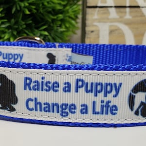 May include: Blue dog collar with white ribbon featuring the text "Raise a Puppy Change a Life" and illustrations of a person with a puppy. The collar has a metal buckle and is designed for dogs.