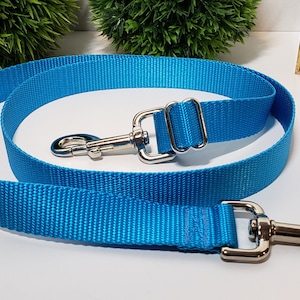 May include: A bright turquoise dog leash with a silver metal clasp and hardware. The leash is made of a durable, woven material. The leash is designed for pet owners.