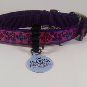May include: A purple dog collar with a pink and patterned design. The collar has a metal buckle and a small tag that reads "I'M MOMMY'S FAVORITE". The collar is designed for a pet.