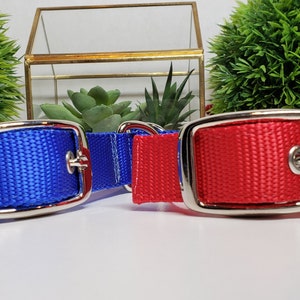 May include: Two dog collars, one royal blue and one red, are displayed. Each collar features a silver-colored, rectangular buckle and a matching D-ring. The collars are made of a woven nylon material.