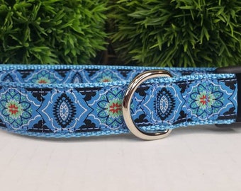 Dog Collar, 1 inch Dog Collar, Abstract Blue Floral Collar, Jacquard Ribbon Dog Collar,  Martingale, Buckle, Metal Buckle, Reflective Buckle