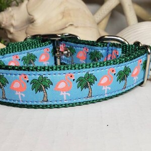 May include: A dog collar with a light blue background featuring a pattern of pink flamingos and green palm trees. The collar has a green trim and a silver metal buckle.