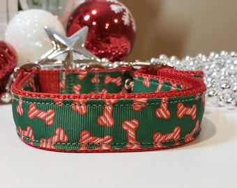May include: A festive dog collar with a green background and red bone pattern. The collar has a red trim and metal hardware. Christmas ornaments are in the background.